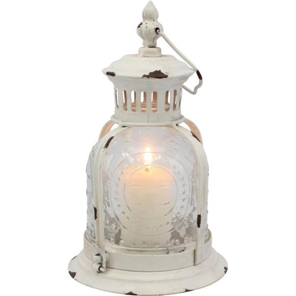 Stonebriar Antique Worn White Metal Candle Lantern, Use As Decoration for